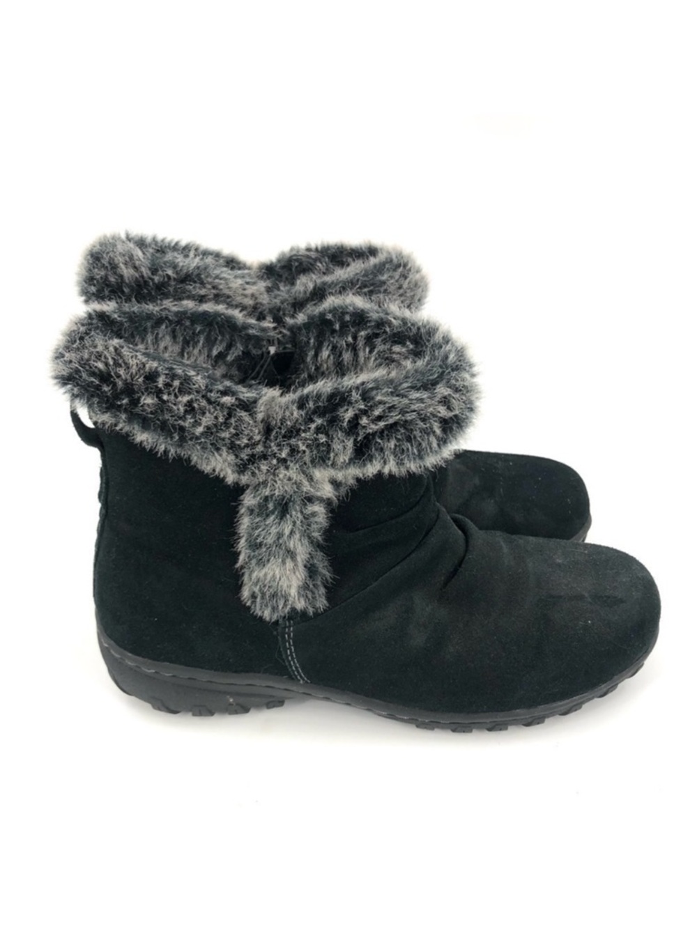Khombu Size 7 Lisa Boots All Weather Black Suede Leather Faux Fur Trim Outdoor